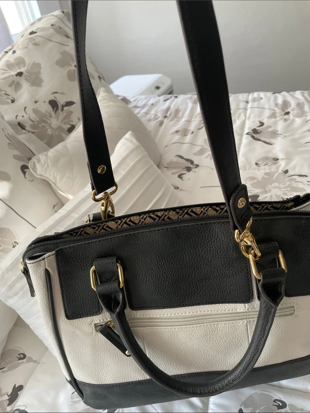 Tignanello Black and White Two-Tone Satchel with Gold Hardware